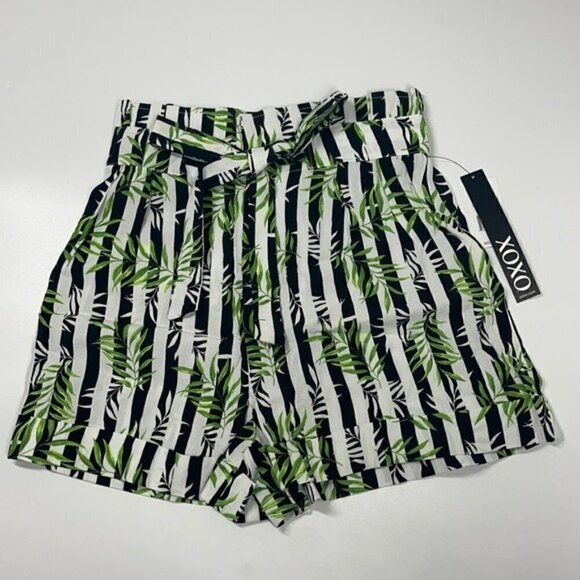 NWT xoxo Stripe & Leaves Print High Rise Paper Bag Style Shorts w Tie Waist S - Picture 2 of 11